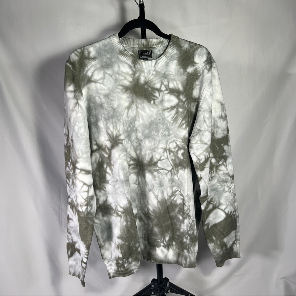 Guess Mens Liam Tie-Dye Knit Sweater Olive Green White Cotton Blend Large L